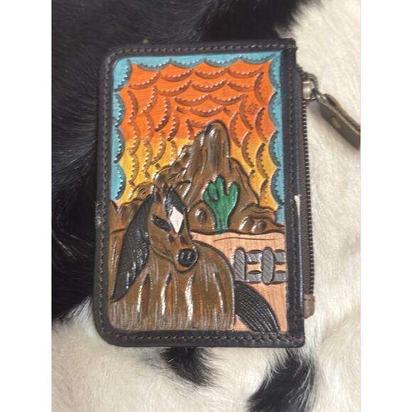 Southwestern Hand Tooled Painted Hide Leather Coin Purse Horse Ranch Cactus Farm - Picture 1 of 4